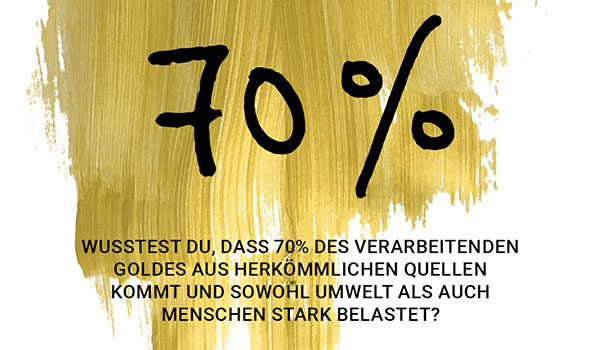 Bild mit Text: "Wusstest du, dass 70% des verarbeitenden Goldes aus herkömmlichen Quellen kommt und sowohl Umwelt als auch Menschen stark belastet?"